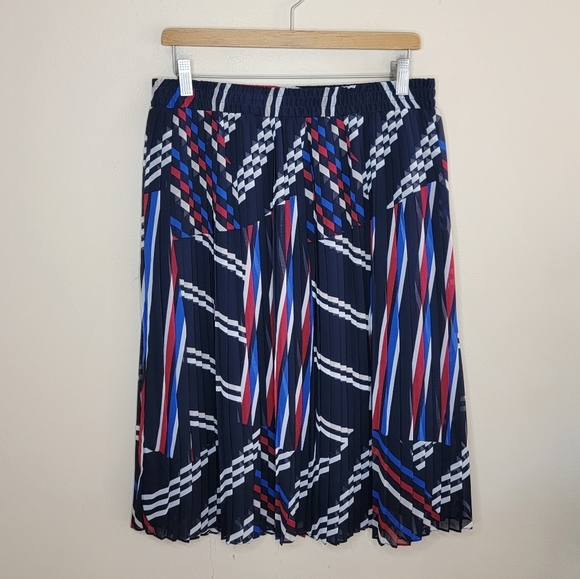 Roz & Ali | Navy Blue Red White Striped Pleated Midi Skirt Size Medium - Picture 1 of 4